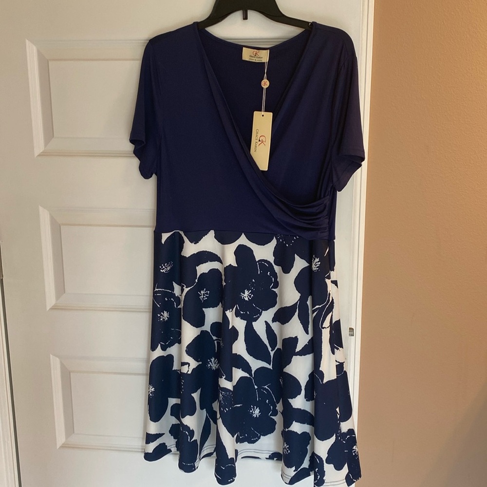 Navy and white knee length dress
